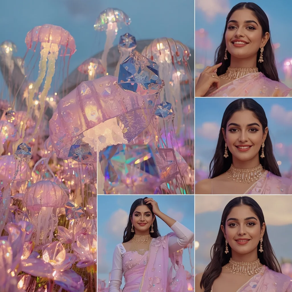 Festive Pastel Saree Aurora Crystal Jellyfish Garden Collage Premium Fashion Luxury | Prompt Generator