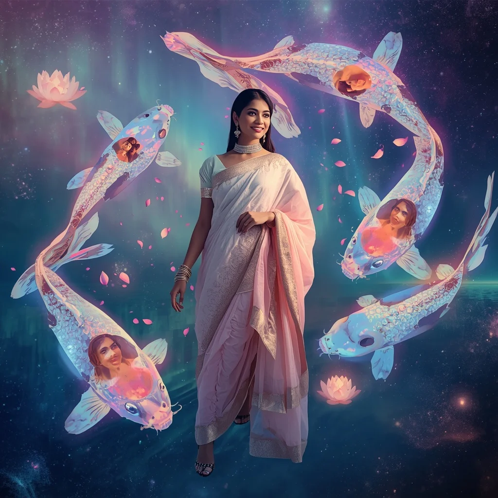Festive Pastel Saree Aurora Crystal Koi Galaxy Collage Luxury Cinematic | Trending Girl Photo Prompt
