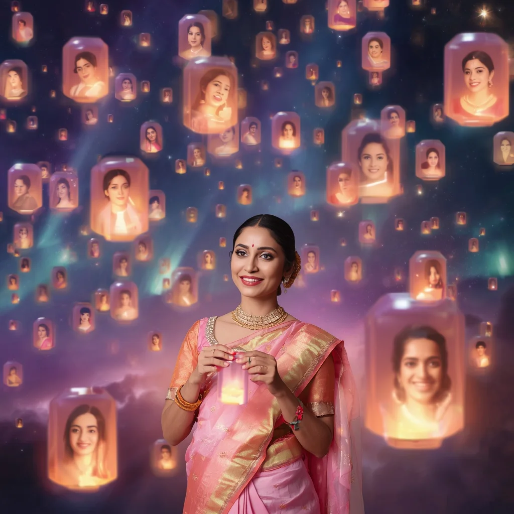 Festive Pastel Saree Aurora Crystal Lantern Galaxy Collage Premium | Gemini Ai Photo Prompt