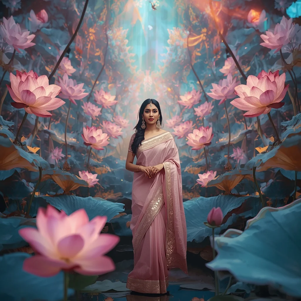 Festive Pastel Saree Aurora Crystal Lotus Kingdom Collage Premium | Prompt Chatgpt