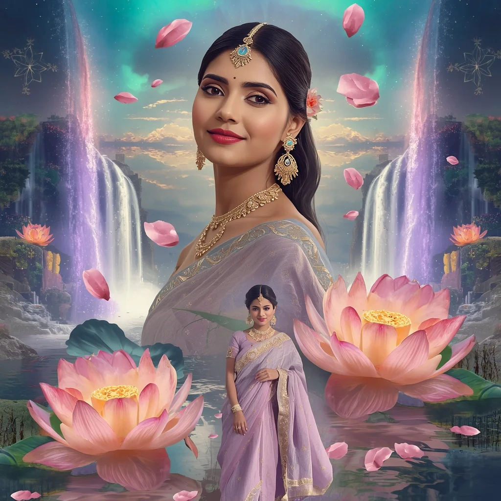 Festive Pastel Saree Aurora Crystal Lotus Waterfall Collage Luxury Cinematic | Google Prompt