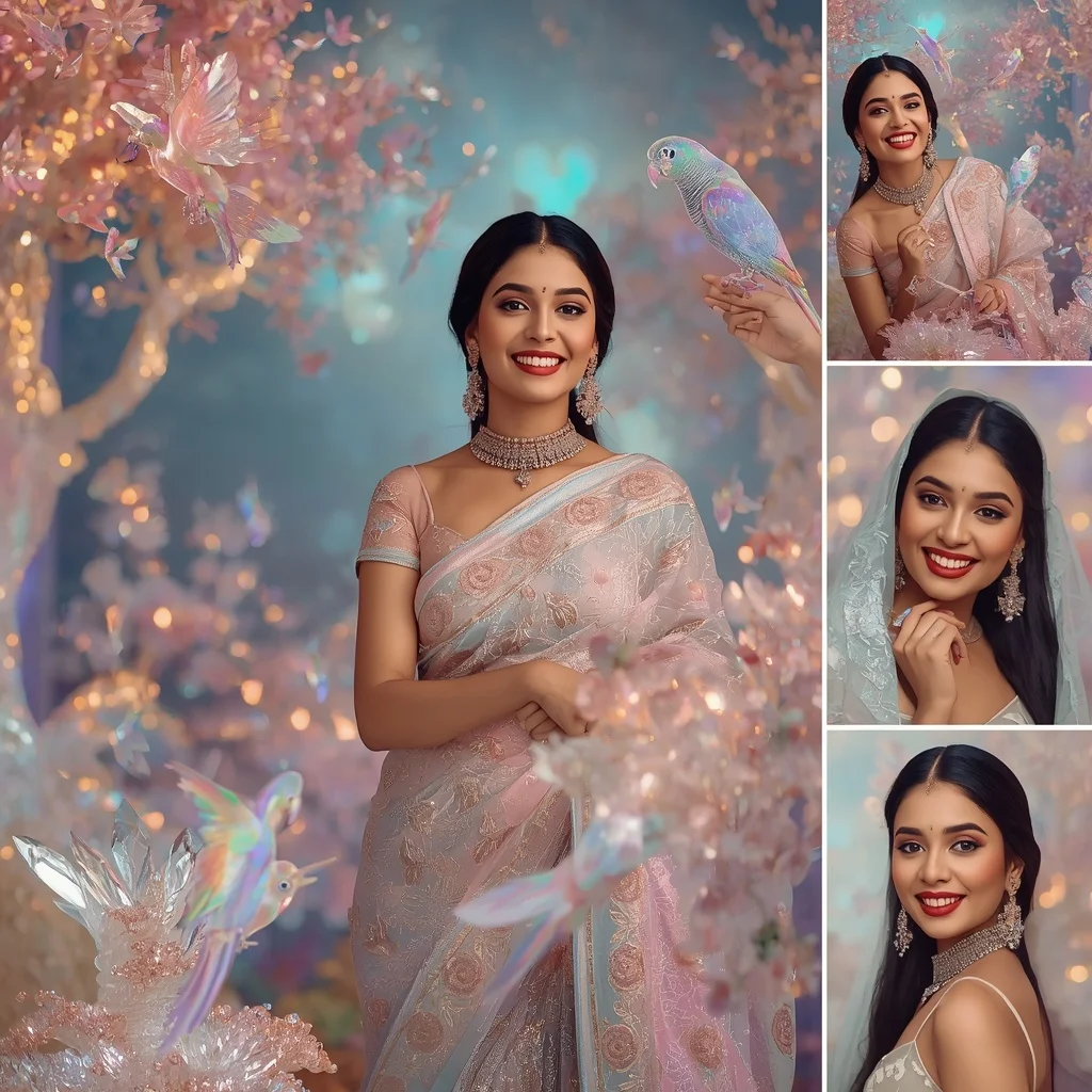 Festive Pastel Saree Aurora Crystal Parrot Kingdom Collage Premium Editorial Luxury | Indian Girl Ai Prompt