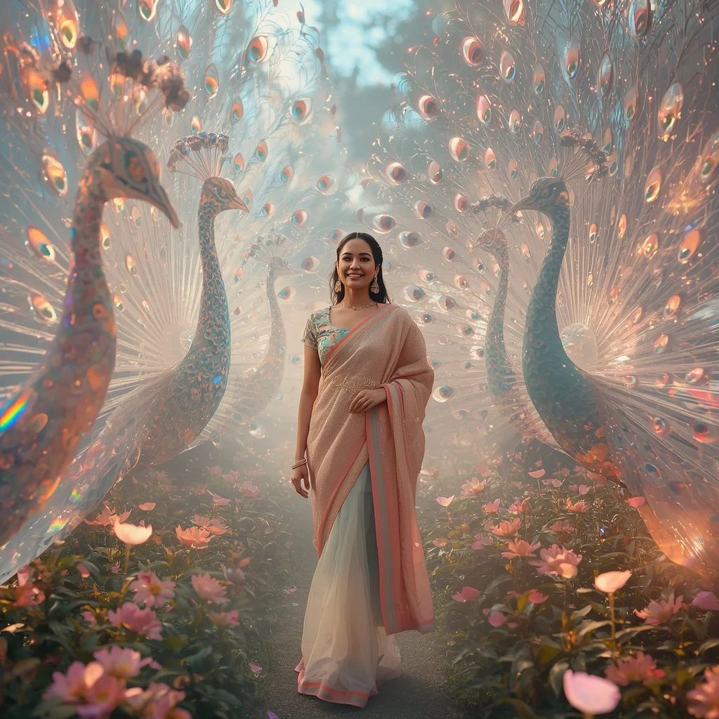 Festive Pastel Saree Aurora Crystal Peacock Garden Collage Luxury | Gemini Photo Prompt