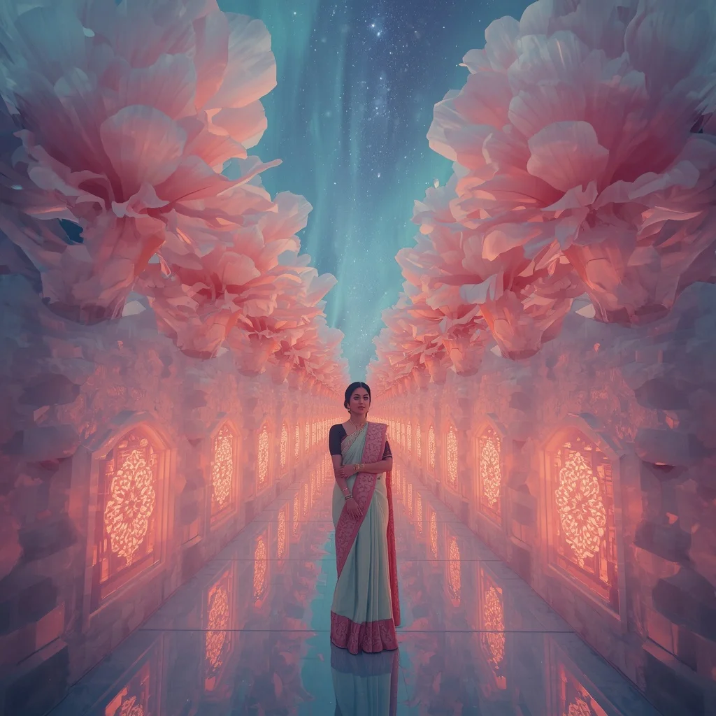 Festive Pastel Saree Aurora Crystal Peony Infinity Sky Kingdom Collage Premium | Viral Ai Image Prompt