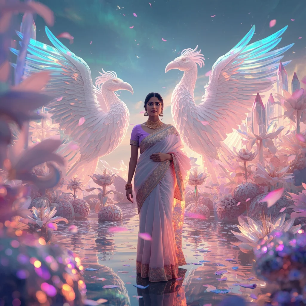 Festive Pastel Saree Aurora Crystal Phoenix Garden Collage Luxury | Cute Ai Prompt