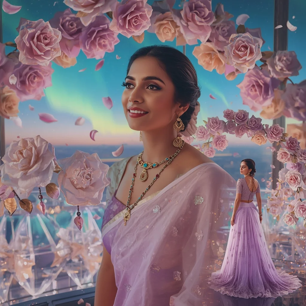 Festive Pastel Saree Aurora Crystal Rose Observatory Collage Luxury Cinematic | Prompt Generator