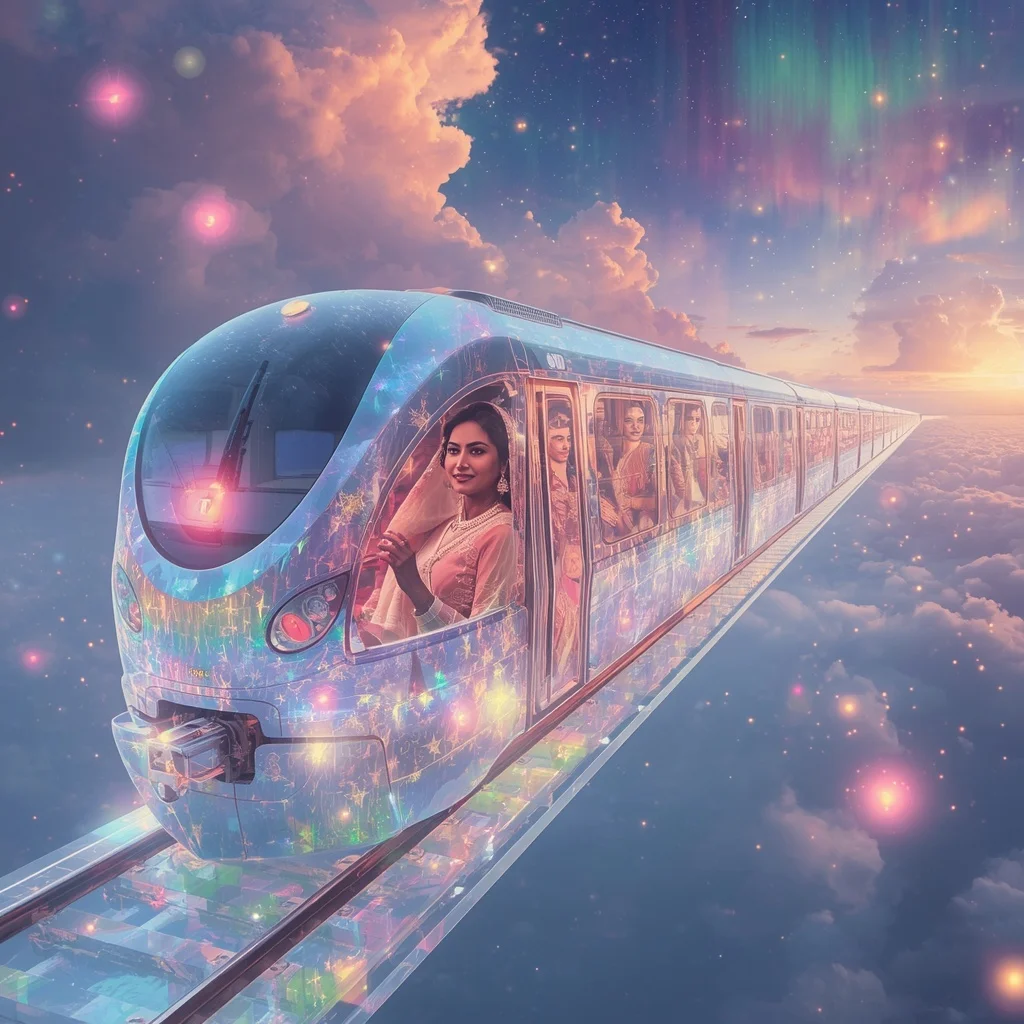 Festive Pastel Saree Aurora Crystal Sky Railway Collage Luxury | Gemini Prompt