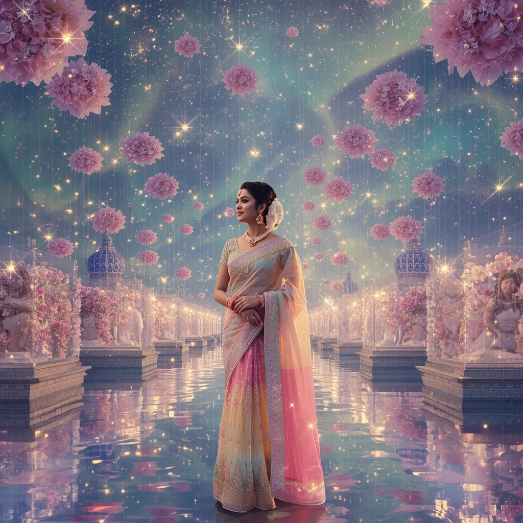 Festive Pastel Saree Aurora Crystal Starfall Kingdom Collage Luxury | Instagram Prompt For Traditional Look For Girl