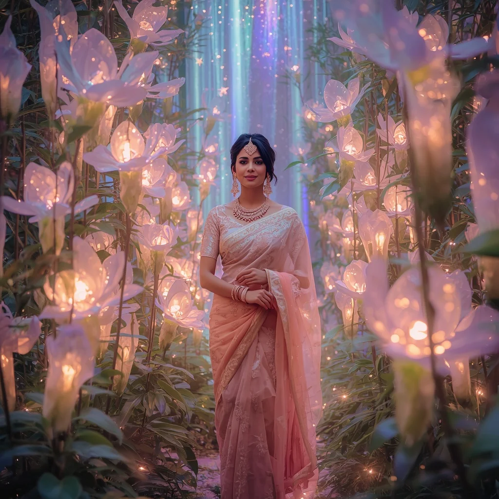 Festive Pastel Saree Aurora Crystal Starlight Garden Premium | New Instagram Trend Prompt For Girl And Boy Copy And Paste