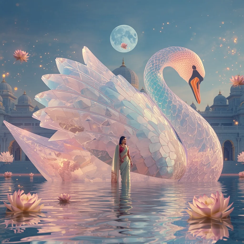 Festive Pastel Saree Aurora Crystal Swan Temple Collage Luxury | Chatgpt Photo Editing Styles For Girl