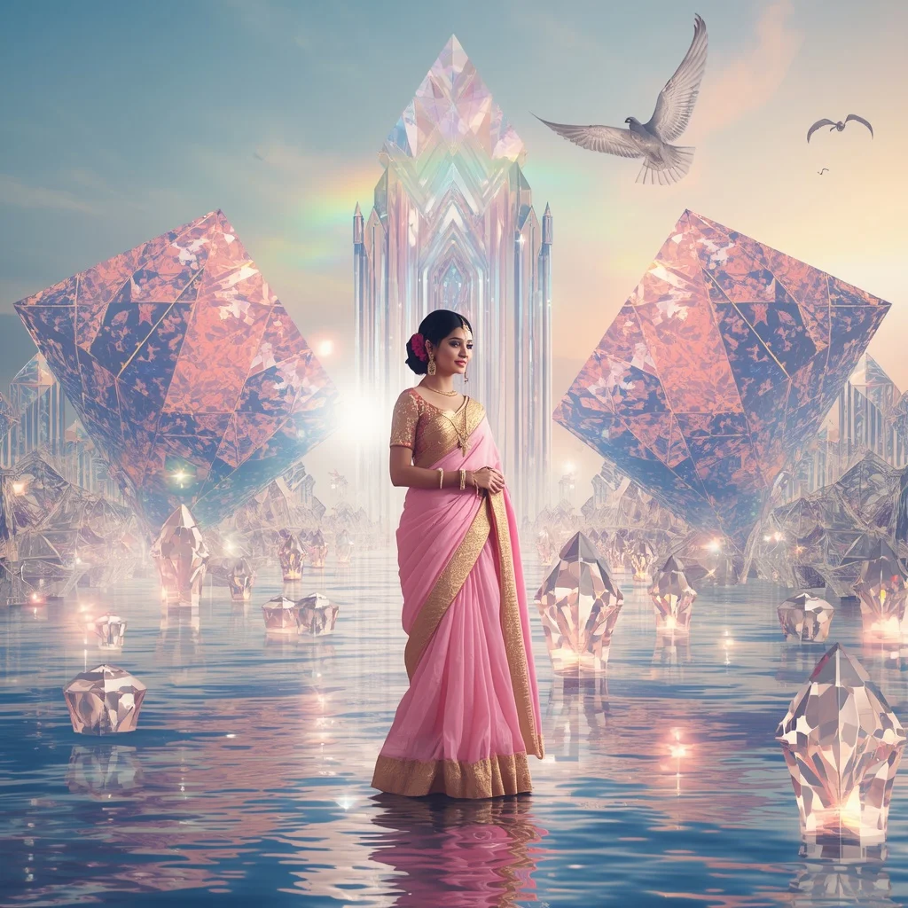 Festive Pastel Saree Aurora Diamond Celestial Harbor Collage Luxury | Prompt For Gemini AI Girl Model
