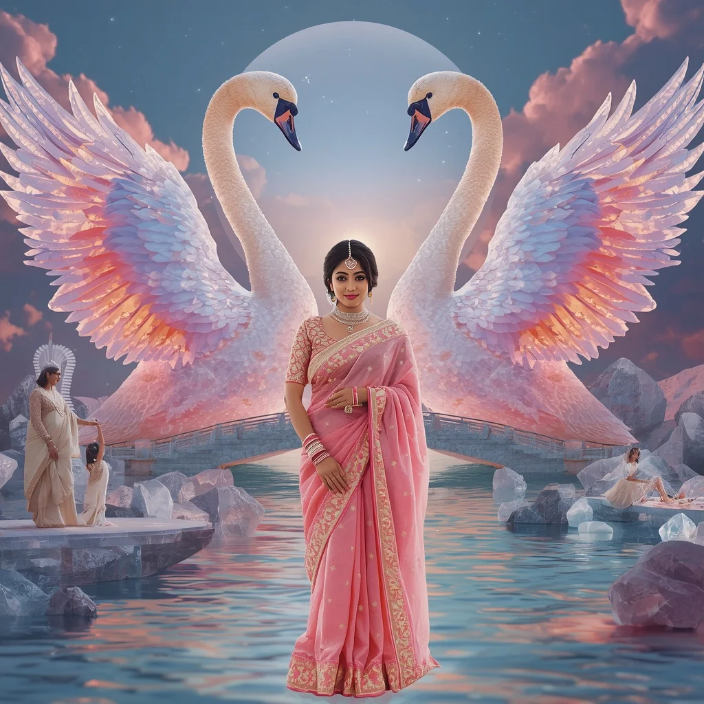 Festive Pastel Saree Aurora Diamond Swan Kingdom Collage Luxury | Prompt Seen Girl Photo Editing