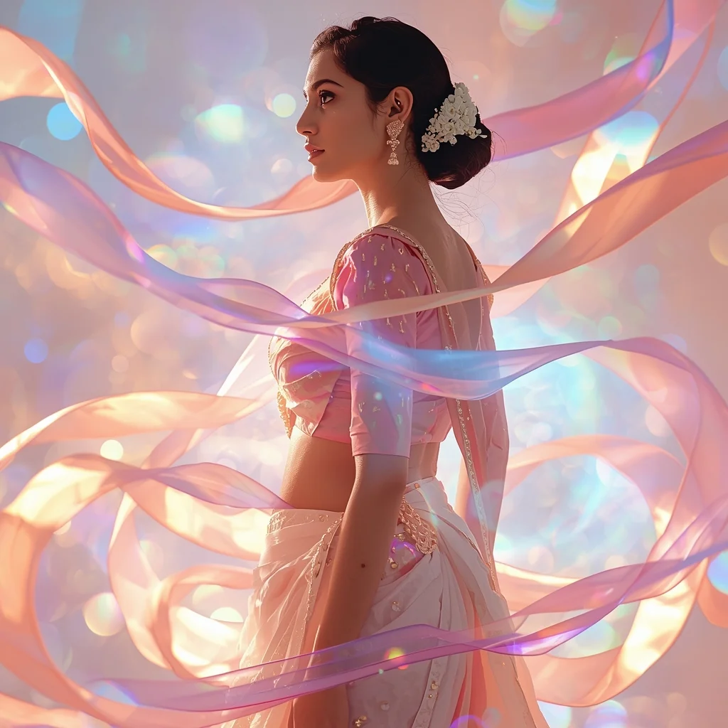 Festive Pastel Saree Aurora Light Ribbon Flow Collage Cinematic Aesthetic | Prompt For Girls Trending