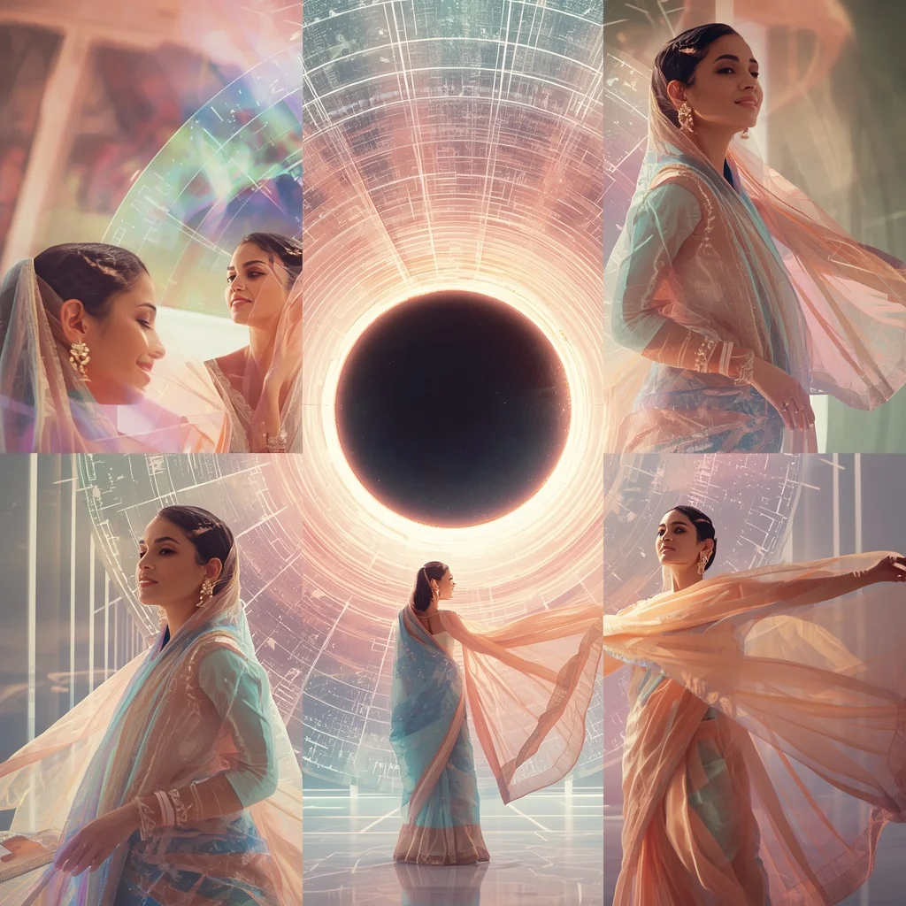 Festive Pastel Saree Black Hole Singularity Gravitational Lensing Collage | Female Model Ai Prompt