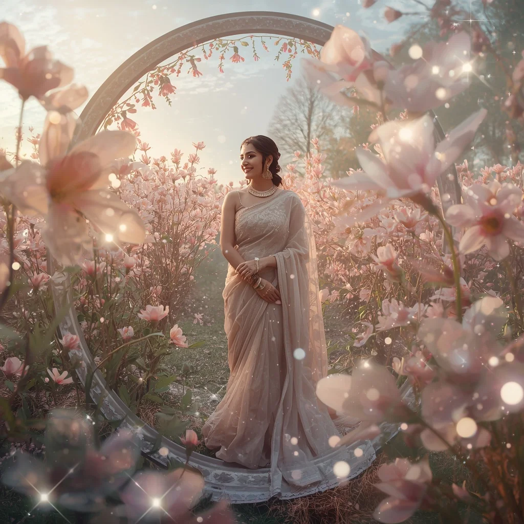 Festive Pastel Saree Blooming Crystal Starlight Garden Collage Cinematic | Instagram Viral Photo Ai Prompt