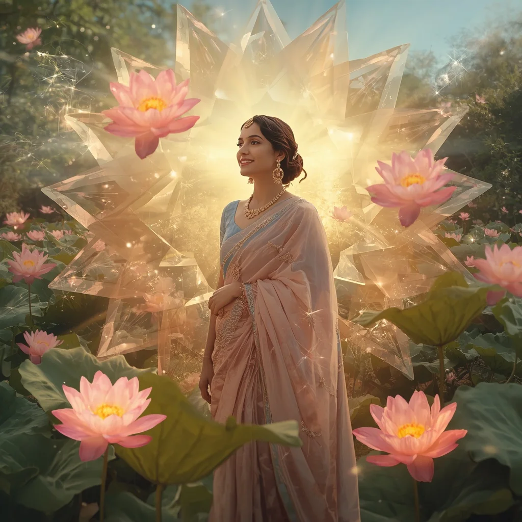 Festive Pastel Saree Blooming Crystal Starlotus Garden Collage Cinematic | Prompt For Girls Trending