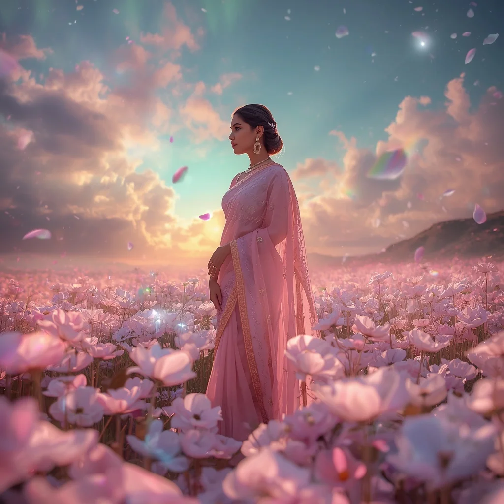 Festive Pastel Saree Blooming Prism Aurora Valley Collage Dream Cinematic | Prompt For Girl In Saree Pic