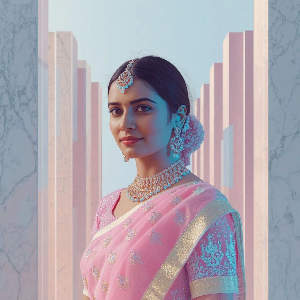 Festive Pastel Saree Brutalist Opalescent Stone Architecture Collage | Female Model Ai Prompt