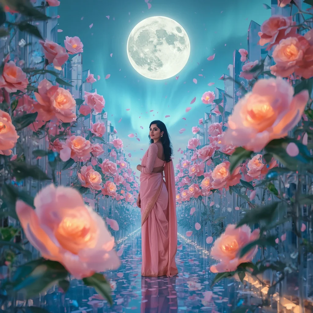 Festive Pastel Saree Celestial Camellia Aurora Crystal Moon Garden Collage Luxury | Prompt For Traditional Look For Girl