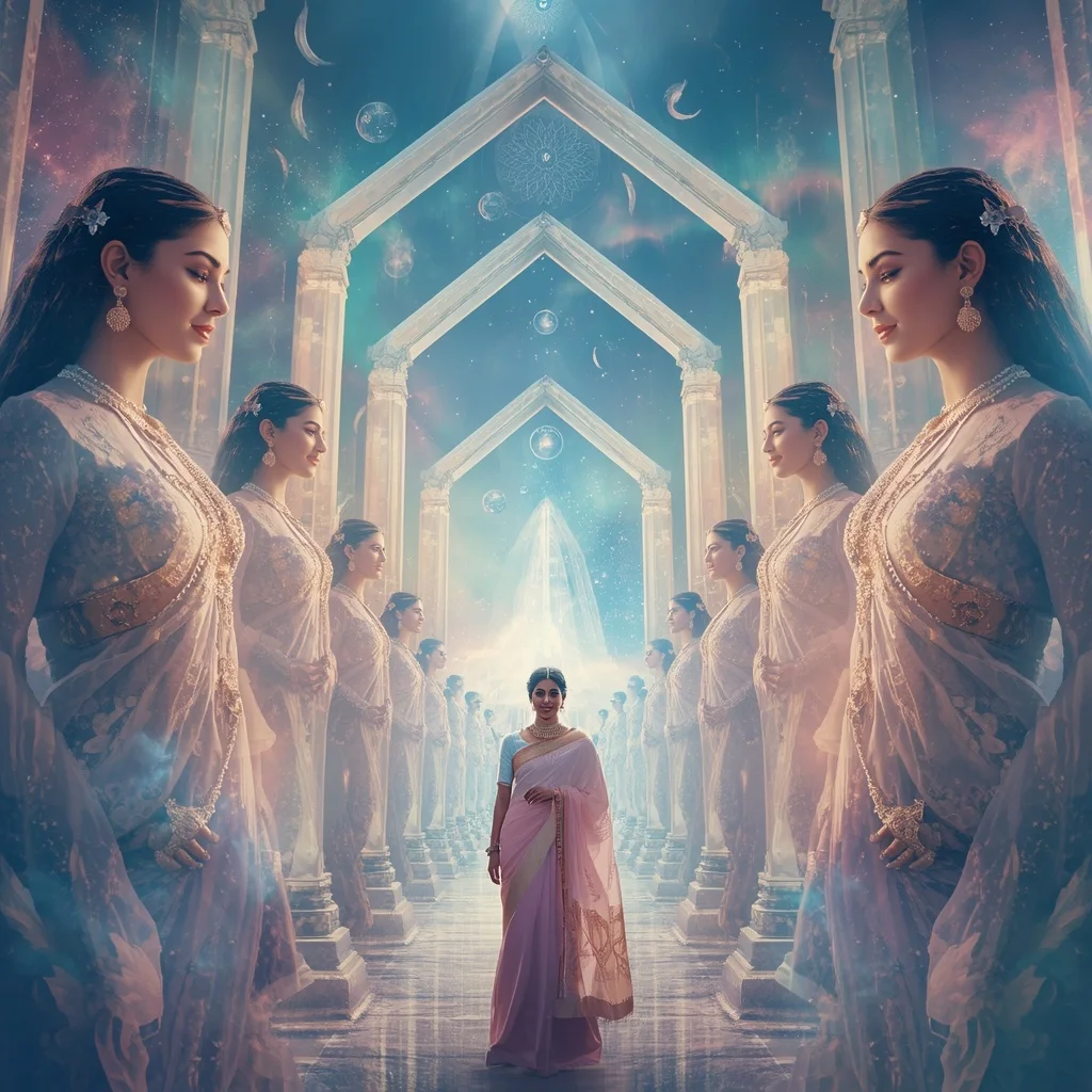 Festive Pastel Saree Celestial Crystal Aurora Sky Temple of Infinity Collage Premium | Instagram Influencer Ai Prompt