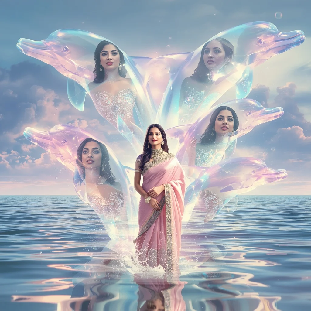 Festive Pastel Saree Celestial Crystal Dolphin Kingdom Collage Luxury | Influencer Ai Prompt