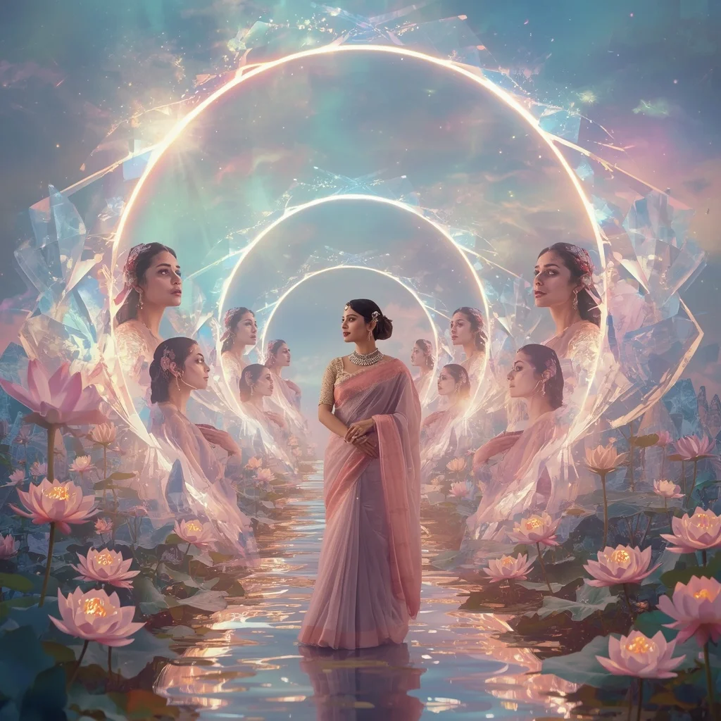 Festive Pastel Saree Celestial Crystal Eclipse Garden Collage Luxury | Image To Prompt