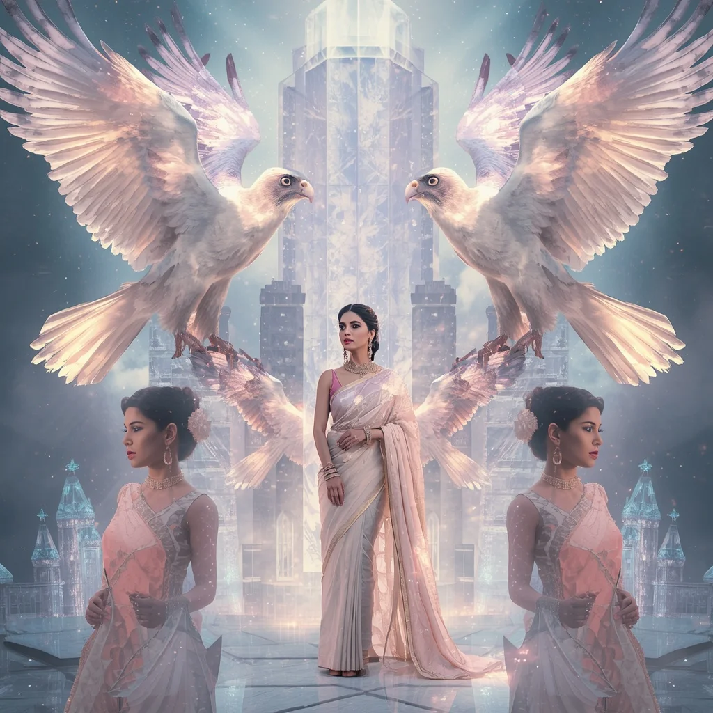 Festive Pastel Saree Celestial Crystal Falcon Citadel Luxury | Ai Girl Image Prompt
