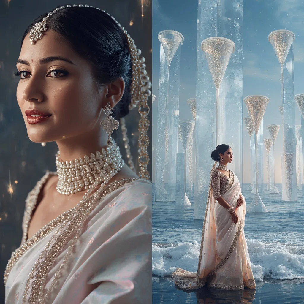 Festive Pastel Saree Celestial Crystal Hourglass Ocean Collage | Woman Pose Ai Prompt