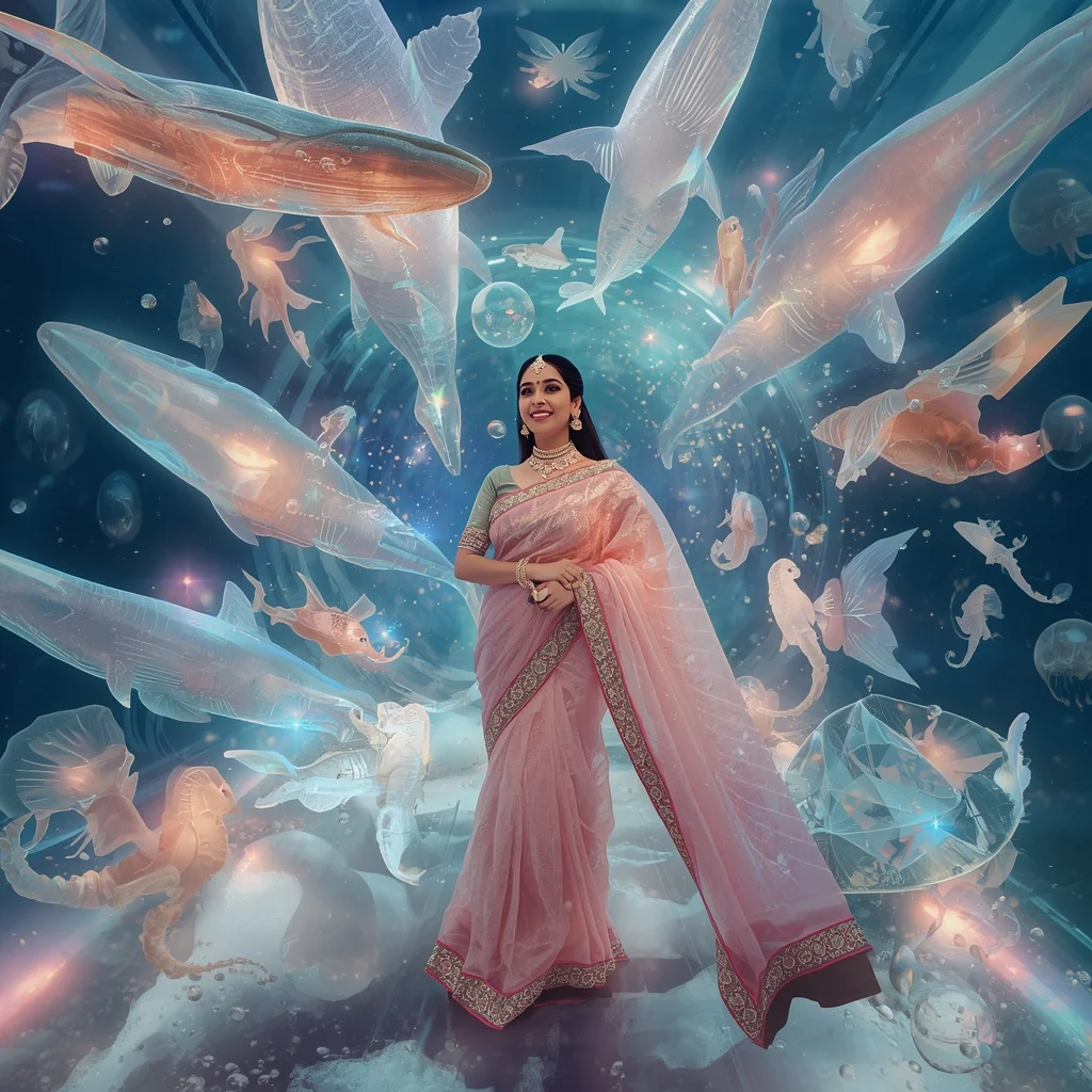 Festive Pastel Saree Celestial Crystal Infinity Aquarium Collage Premium | Prompt For Gemini AI Girl Model