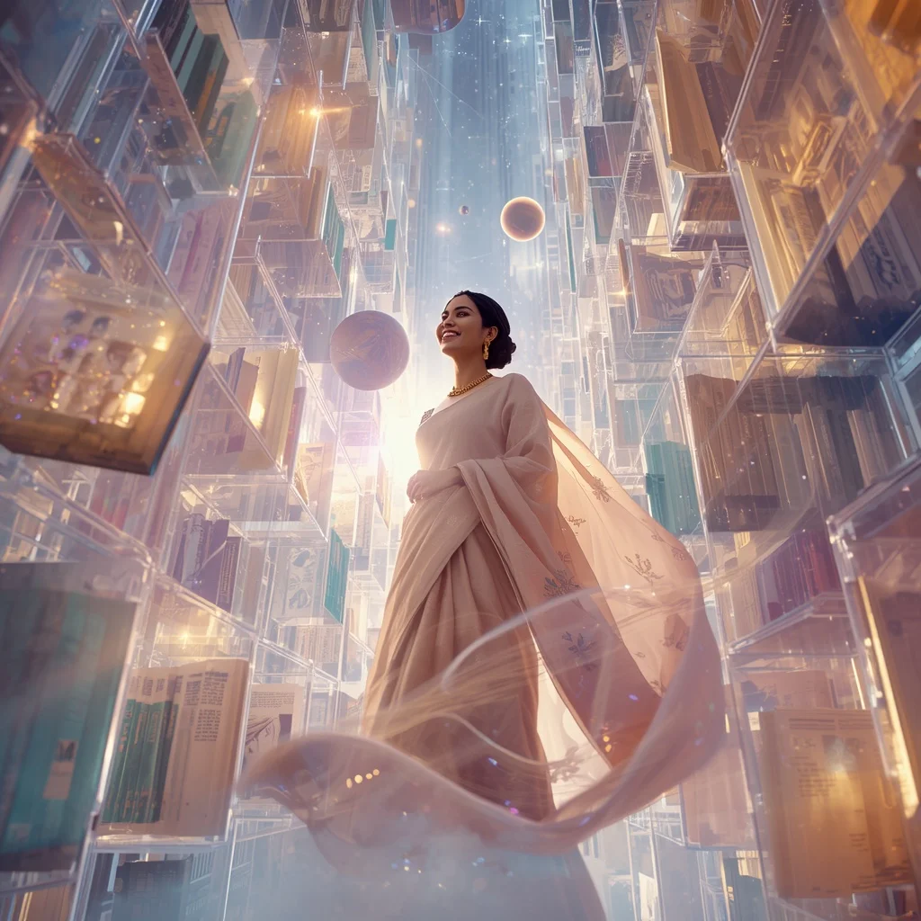 Festive Pastel Saree Celestial Crystal Library Universe Collage Premium Cinematic | Gemini Ai Photo Prompt Copy Paste