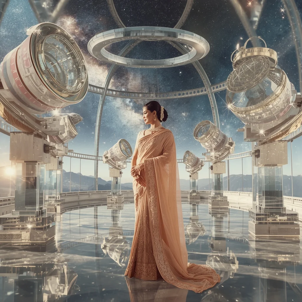 Festive Pastel Saree Celestial Crystal Observatory Of Dreams Collage Premium | Instagram Model Ai Prompt