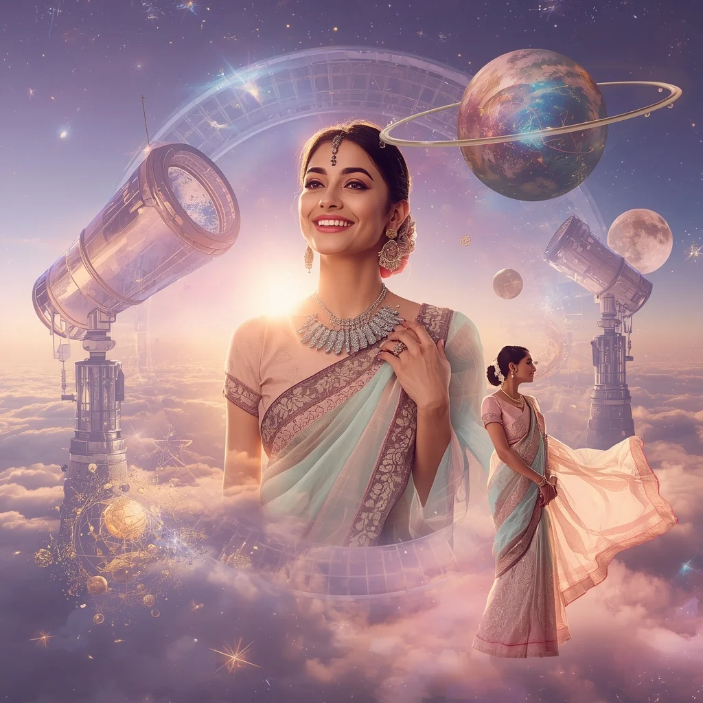 Festive Pastel Saree Celestial Crystal Observatory Universe Collage Premium Cinematic | Trending Prompts For Instagram For Girl