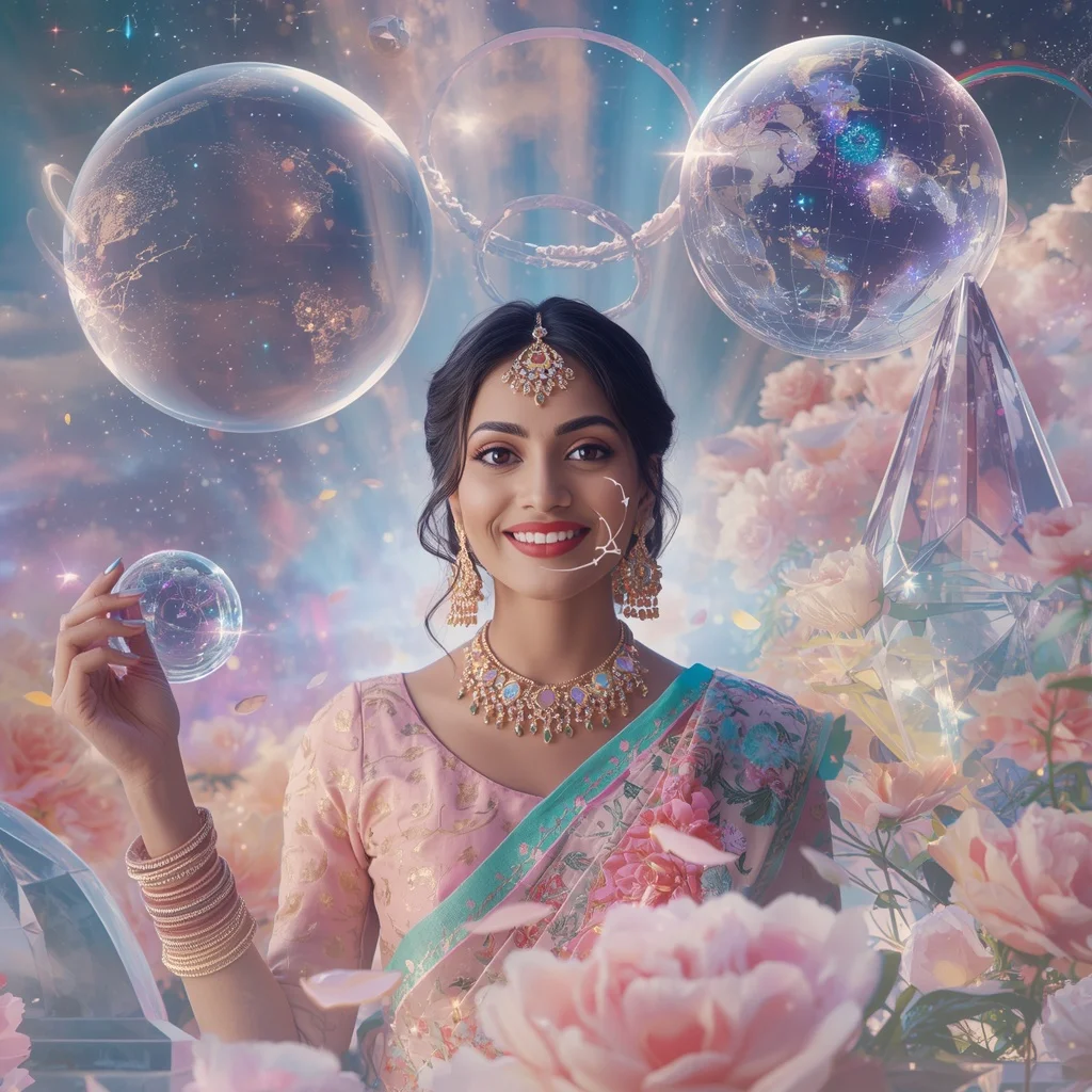 Festive Pastel Saree Celestial Crystal Planetarium Garden Collage Premium Cinematic | Lighting Ai Prompt