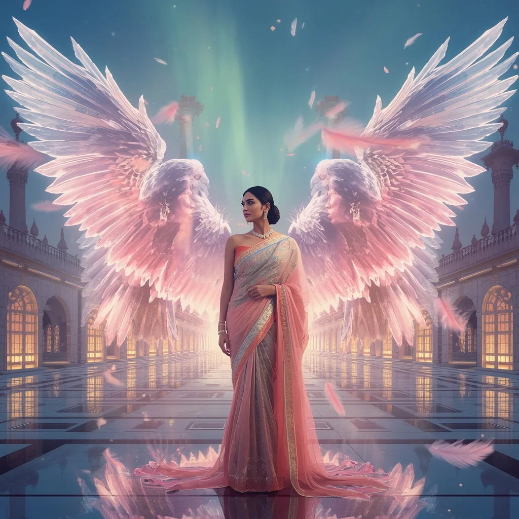 Festive Pastel Saree Celestial Crystal Raven Palace Collage Luxury | Cinematic Ai Prompt