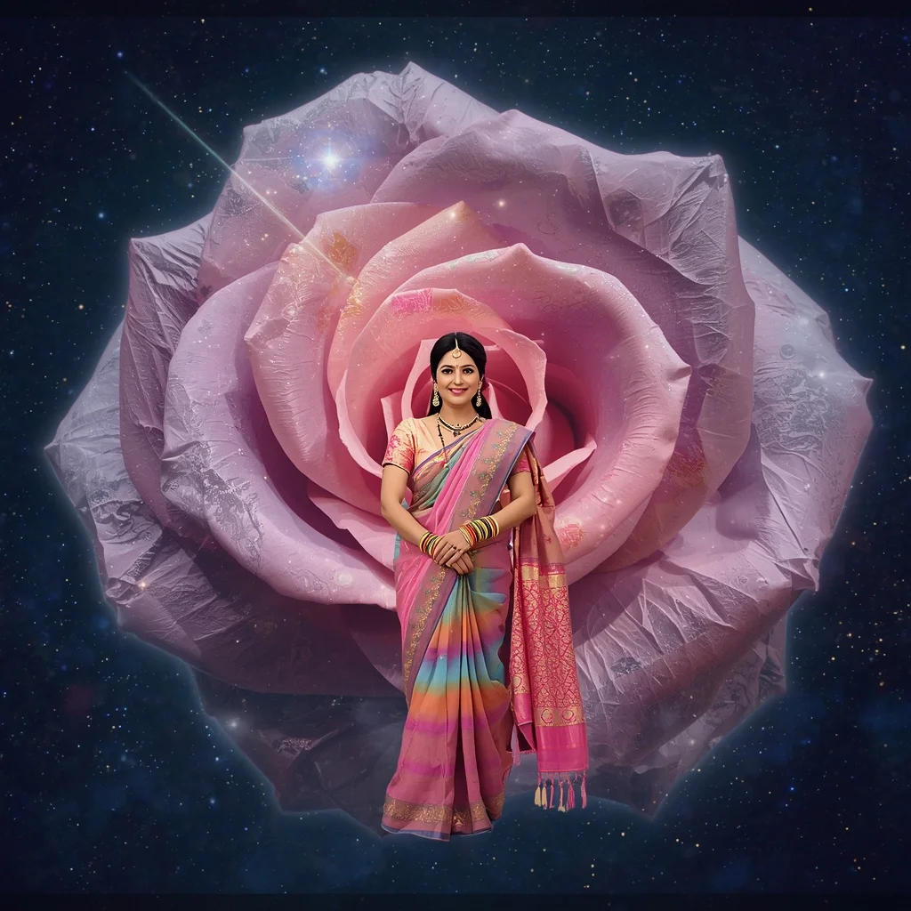 Festive Pastel Saree Celestial Crystal Rose Galaxy Collage Premium | Midjourney Prompt List