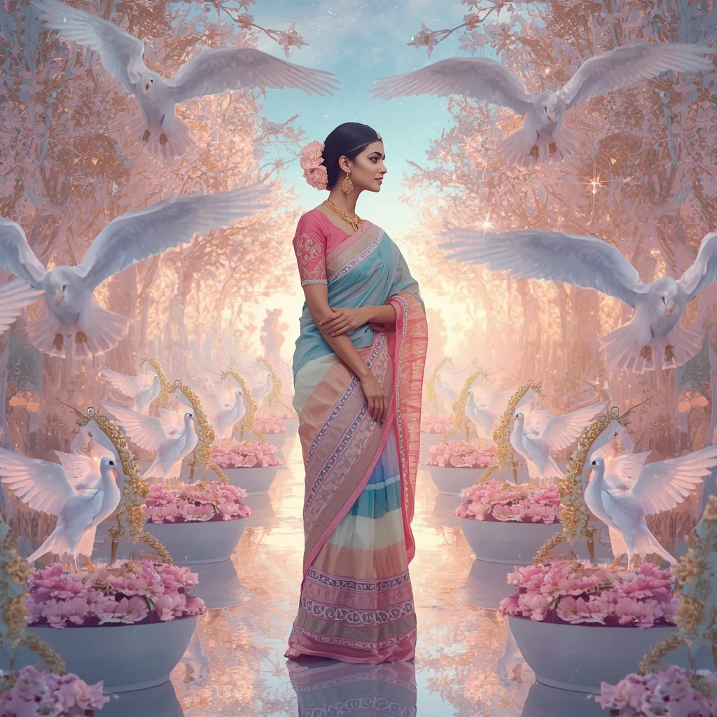 Festive Pastel Saree Celestial Crystal White Falcon Sanctuary Collage Premium Editorial | Prompt For Gemini AI Girl Style Trending Indian