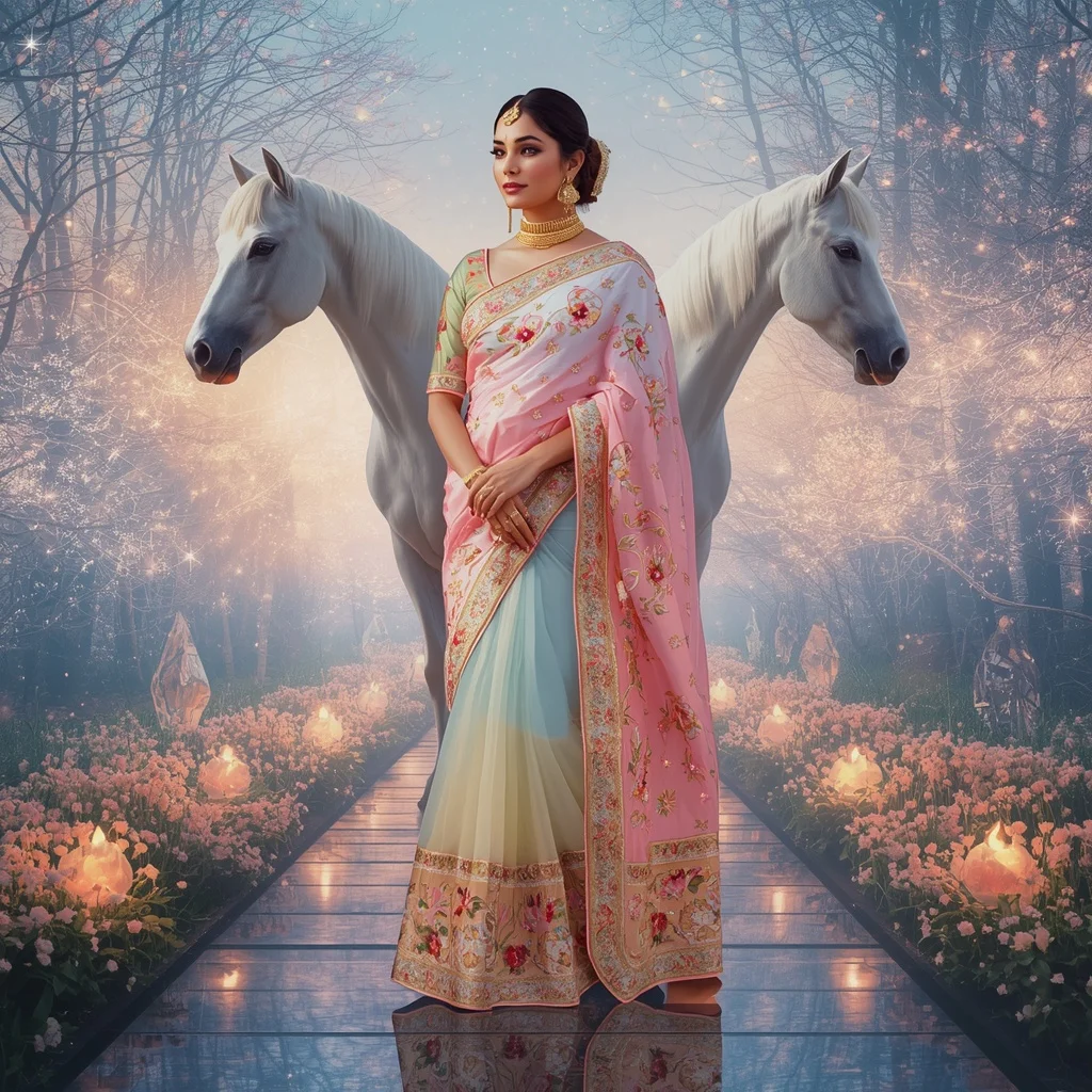 Festive Pastel Saree Celestial Crystal White Horse Sanctuary Collage Premium Editorial | Trending Prompt In Instagram Ai Photo Girls