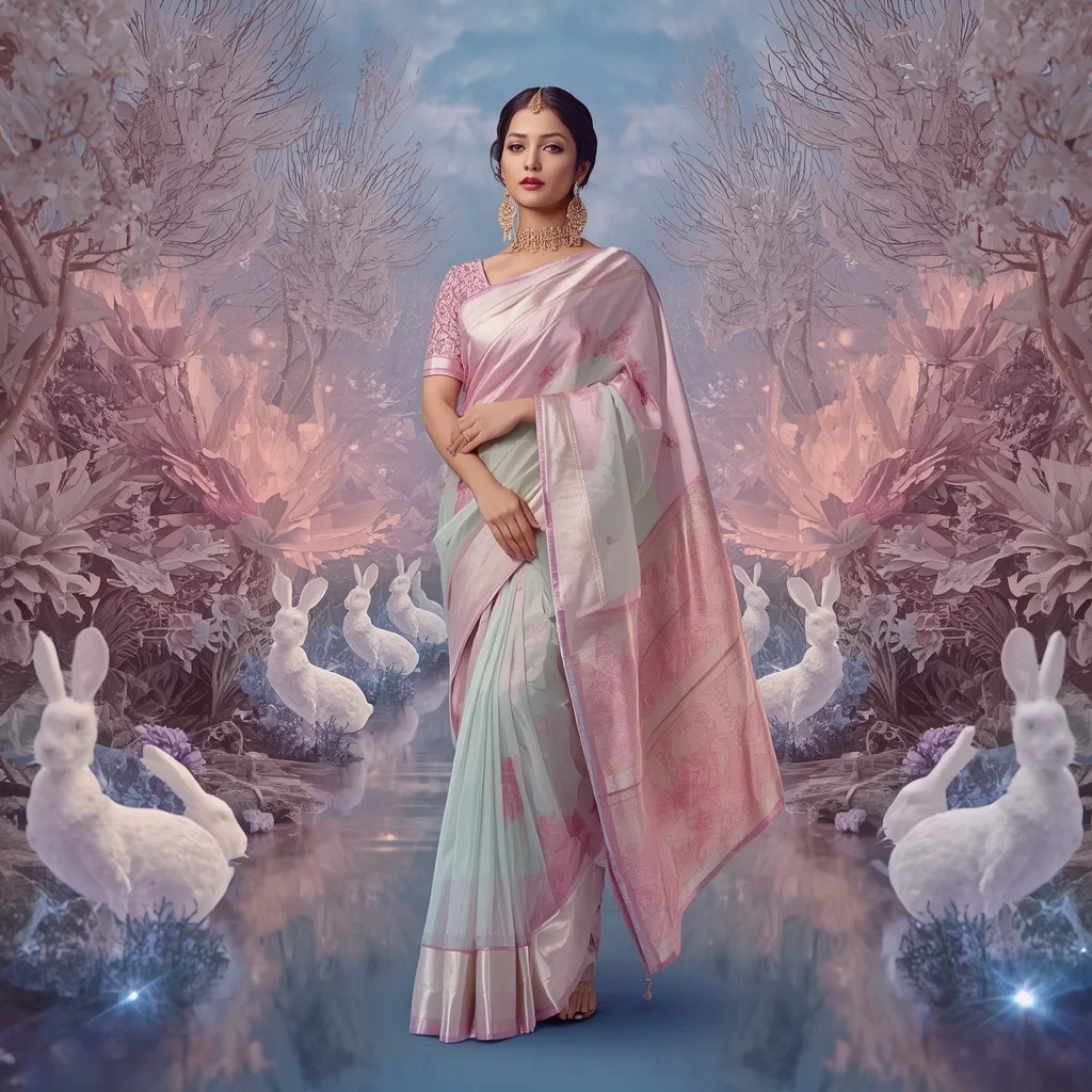 Festive Pastel Saree Celestial Crystal White Rabbit Sanctuary Collage Premium Editorial | Woman Pose Ai Prompt