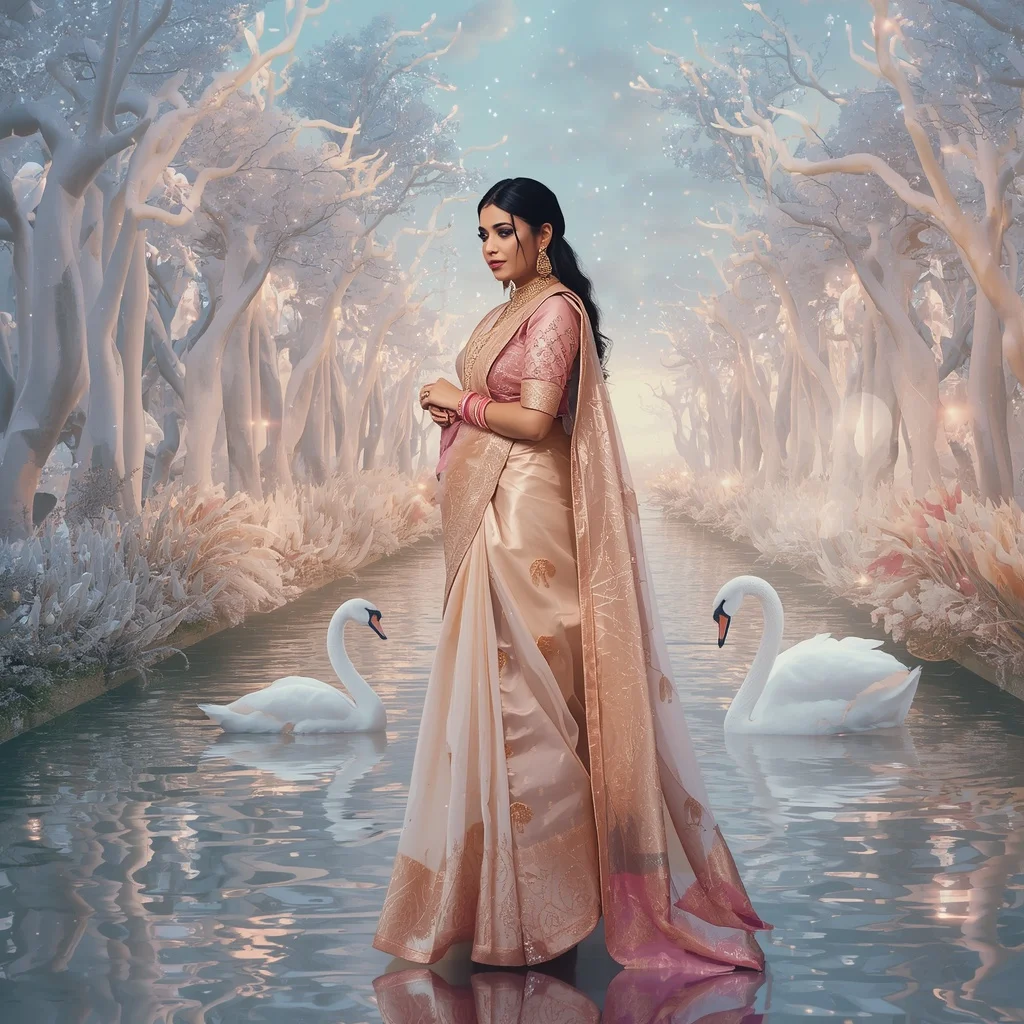 Festive Pastel Saree Celestial Crystal White Swan Sanctuary Collage Premium Editorial | New Instagram Trend Prompt For Girl Love Copy And Paste