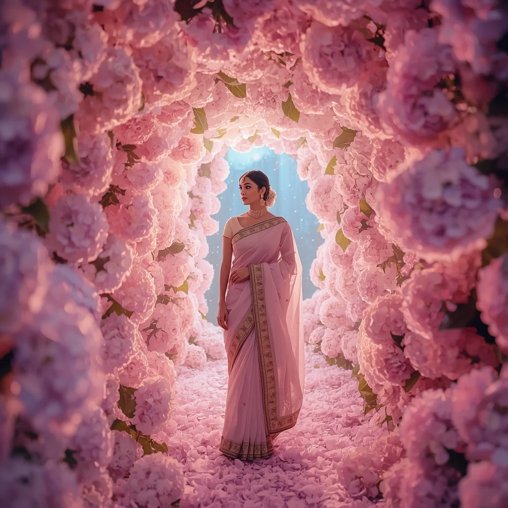 Festive Pastel Saree Celestial Hydrangea Aurora Palace Collage Luxury | Instagram Viral Photo Prompt
