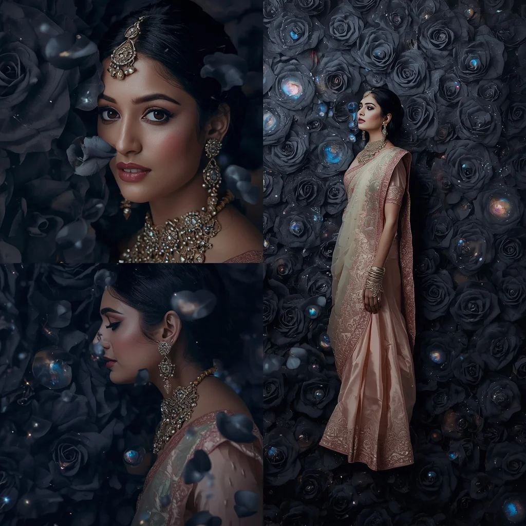 Festive Pastel Saree Celestial Obsidian Rose Galaxy Collage | Indian Girl Ai Prompt