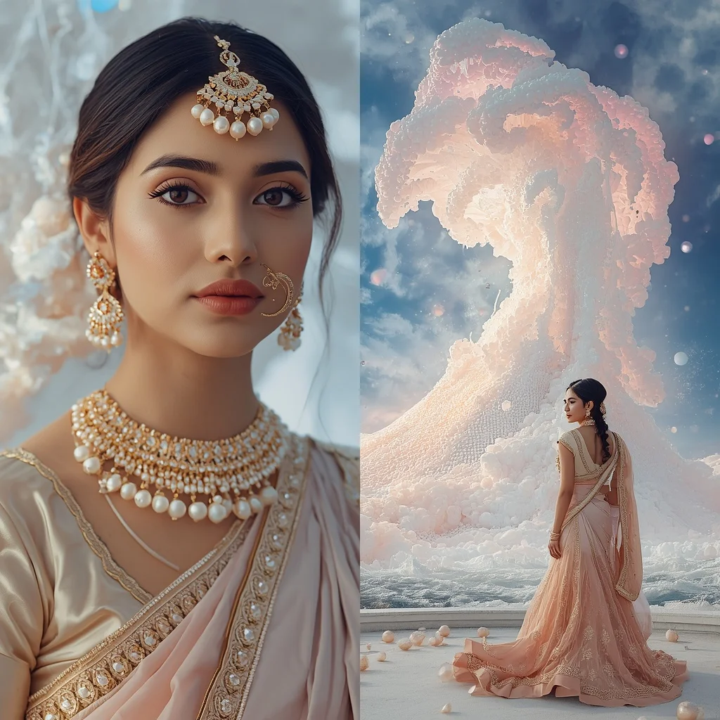 Festive Pastel Saree Celestial Pearl Tsunami Kingdom Collage | Flux Ai Prompt
