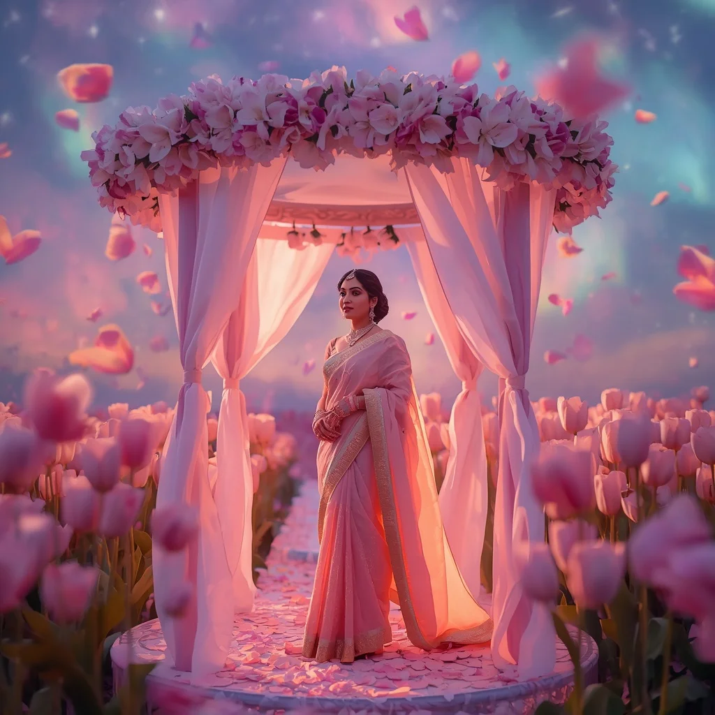 Festive Pastel Saree Celestial Tulip Aurora Pavilion Collage Luxury | Festival Prompt