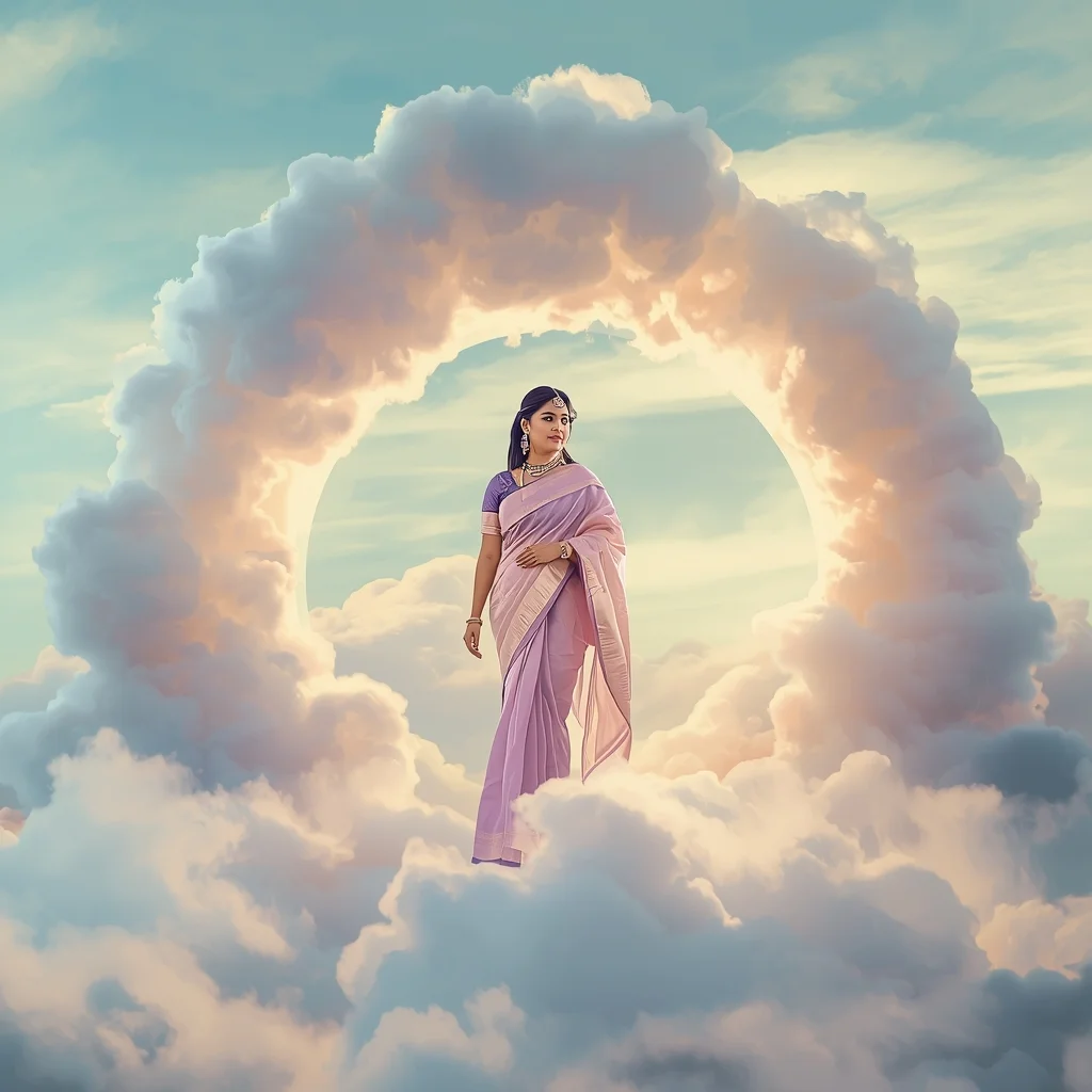 Festive Pastel Saree Cloud Portal Collage | Indian Girl Sky Entry Aesthetic Cinematic Viral Prompt | Saree Profile Pic Ai Prompt