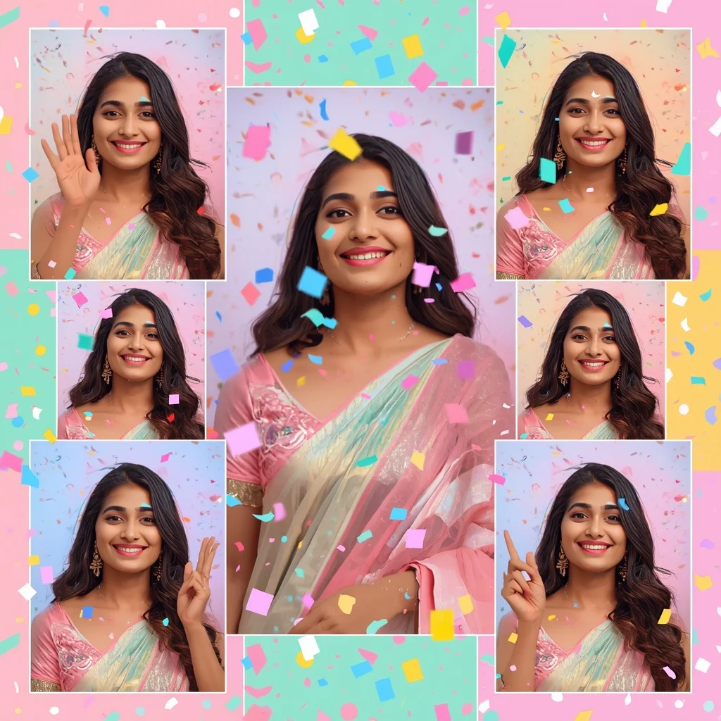 Festive Pastel Saree Confetti Burst Collage | Indian Girl Celebration Aesthetic Soft Cinematic Ultra Realistic Viral Prompt | Indian Girl Saree Ai Prompt 4k Realistic