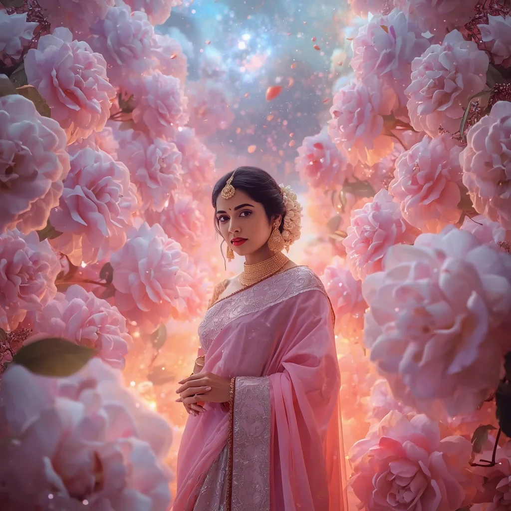 Festive Pastel Saree Cosmic Camellia Galaxy Kingdom Luxury Collage | Makeup Ai Prompt
