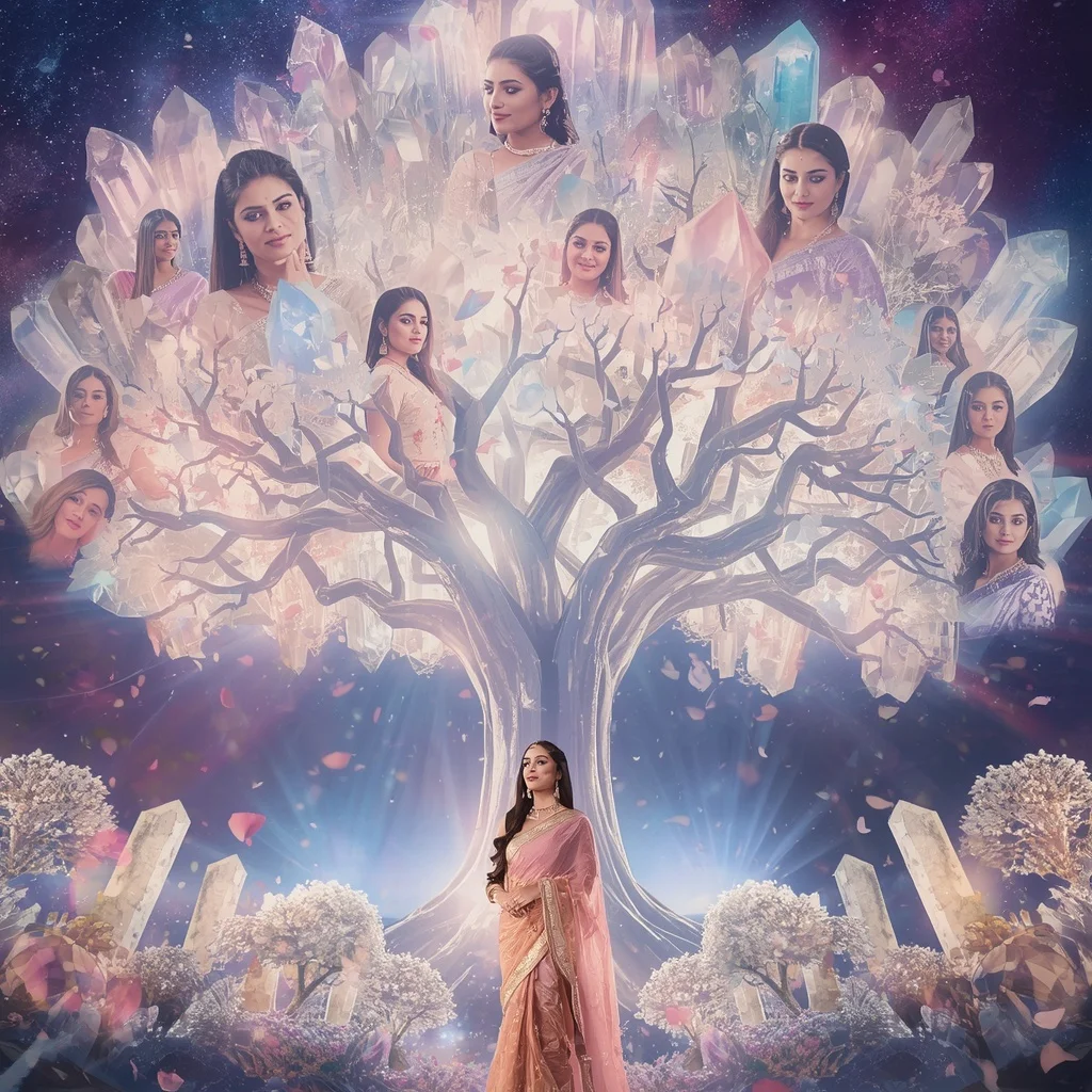 Festive Pastel Saree Cosmic Crystal Tree Of Eternity Collage Premium | Instagram Viral Photo Prompt