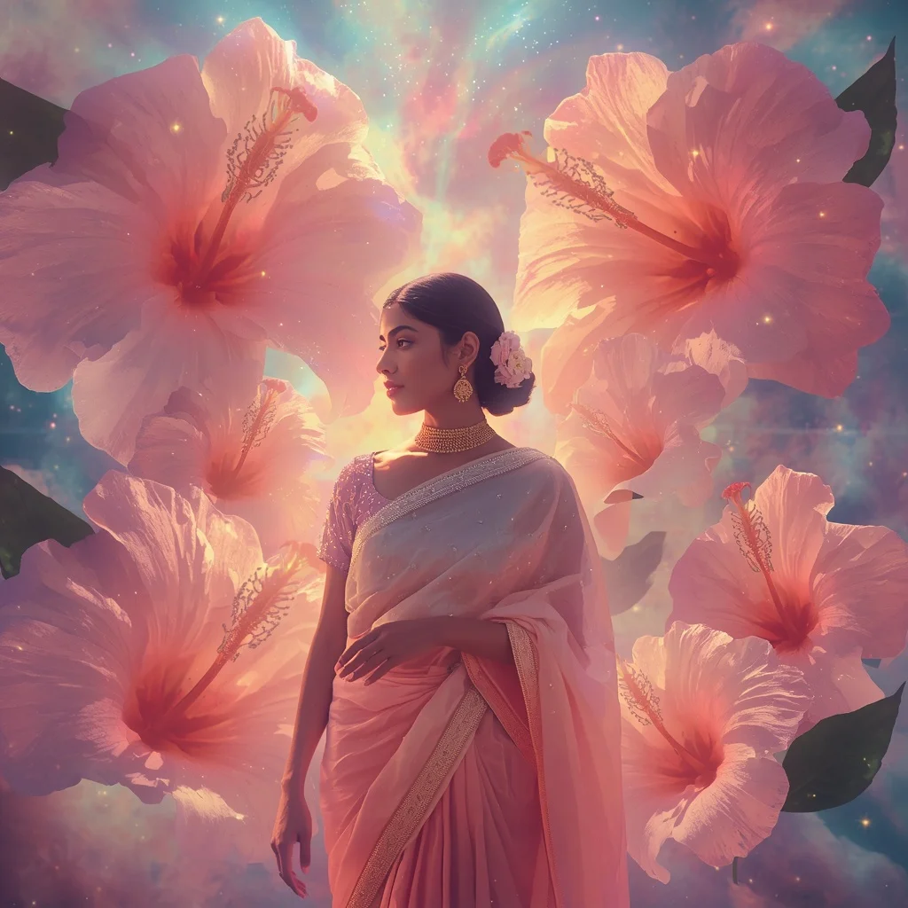 Festive Pastel Saree Cosmic Hibiscus Nebula Garden Collage Modern Cinematic | Viral Instagram Ai Prompt