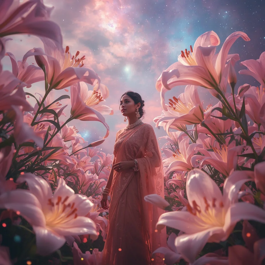 Festive Pastel Saree Cosmic Lily Nebula Garden Collage Modern Cinematic | Ai Selfie Prompt