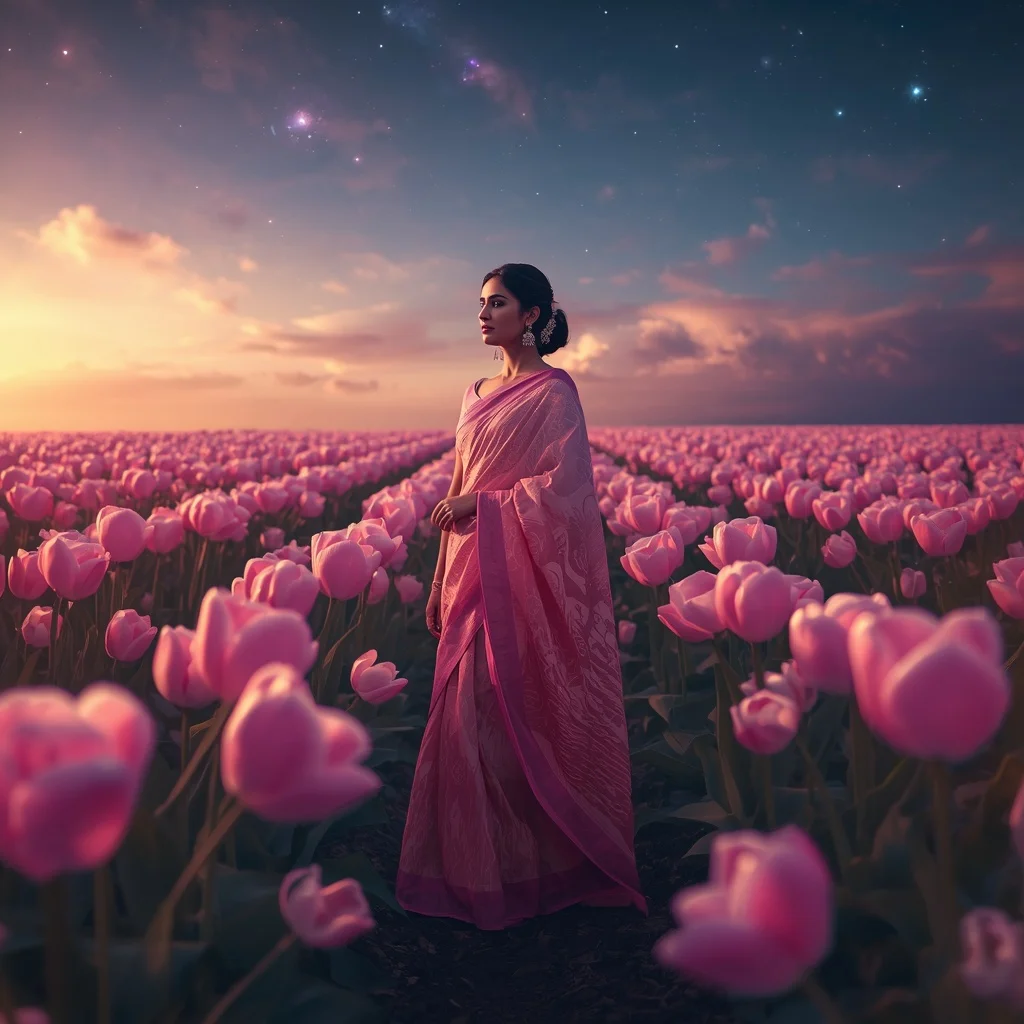 Festive Pastel Saree Cosmic Star Tulip Valley Collage Modern Cinematic | Lighting Ai Prompt